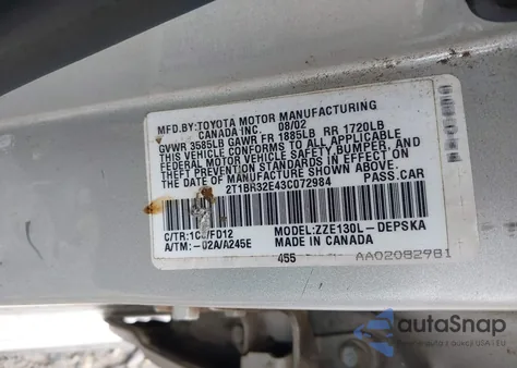 2003 Toyota Corolla S from USA, damaged, VIN 2T1BR32E43C072984